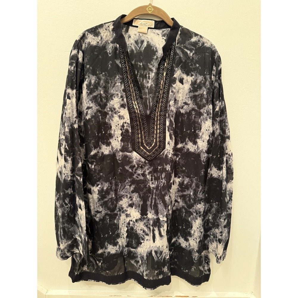 MICHAEL KORS boho Embellished Tunic Top Plus Size 1X Long Sleeve V Neck